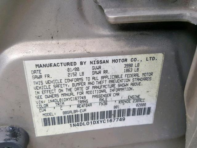 1N4DL01DXYC167749 - 2000 NISSAN ALTIMA XE TAN photo 10