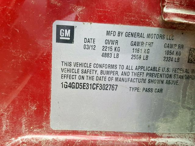 1G4GD5E31CF302767 - 2012 BUICK LACROSSE P RED photo 10