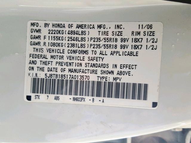 5J8TB18517A013570 - 2007 ACURA RDX TECHNO WHITE photo 10