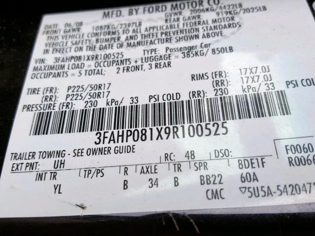 3FAHP081X9R100525 - 2009 FORD FUSION SEL BLACK photo 10