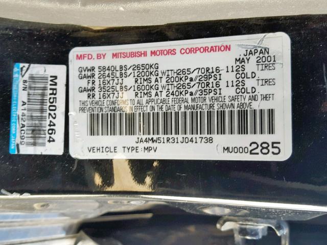 JA4MW51R31J041738 - 2001 MITSUBISHI MONTERO LI BLACK photo 10