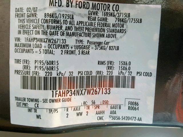 1FAHP34NX7W267133 - 2007 FORD FOCUS ZX4 GRAY photo 10