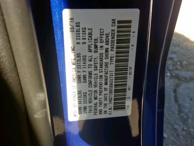 1HGCT2B95GA007317 - 2016 HONDA ACCORD EXL BLUE photo 10