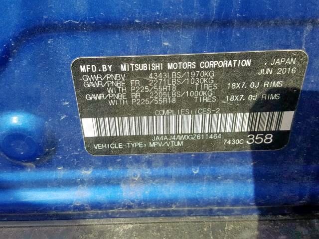 JA4AJ4AW0GZ611464 - 2016 MITSUBISHI RVR GT BLUE photo 9