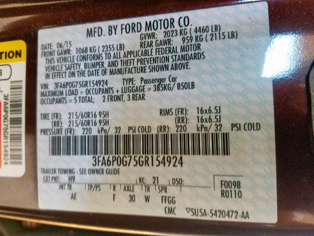 3FA6P0G75GR154924 - 2016 FORD FUSION S MAROON photo 10