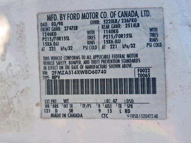 2FMZA514XWBD60740 - 1998 FORD WINDSTAR W WHITE photo 10