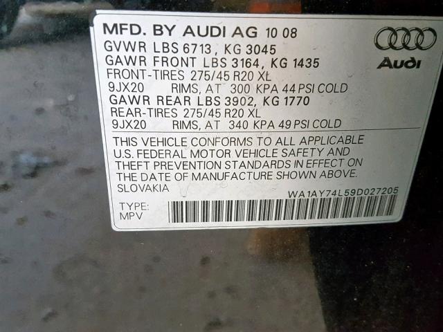 WA1AY74L59D027205 - 2009 AUDI Q7 3.6 QUA BLACK photo 10