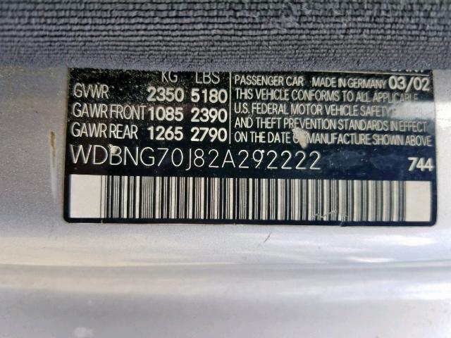 WDBNG70J82A292222 - 2002 MERCEDES-BENZ S 430 SILVER photo 10