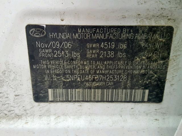 5NPEU46F37H253128 - 2007 HYUNDAI SONATA SE WHITE photo 10