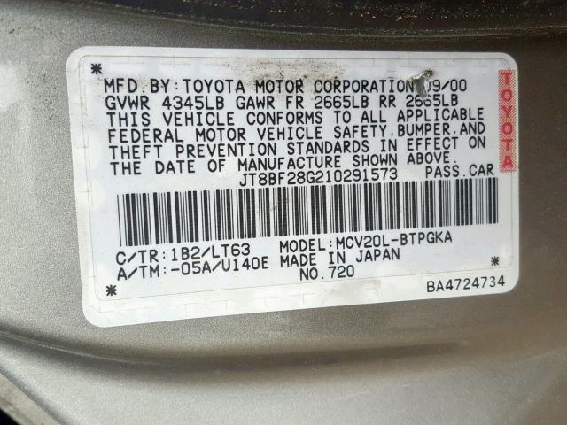 JT8BF28G210291573 - 2001 LEXUS ES 300 GRAY photo 10