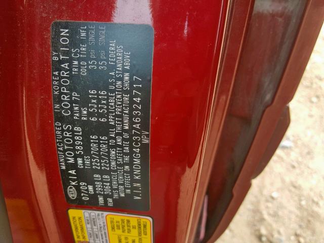 KNDMG4C37A6324717 - 2010 KIA SEDONA LX RED photo 10