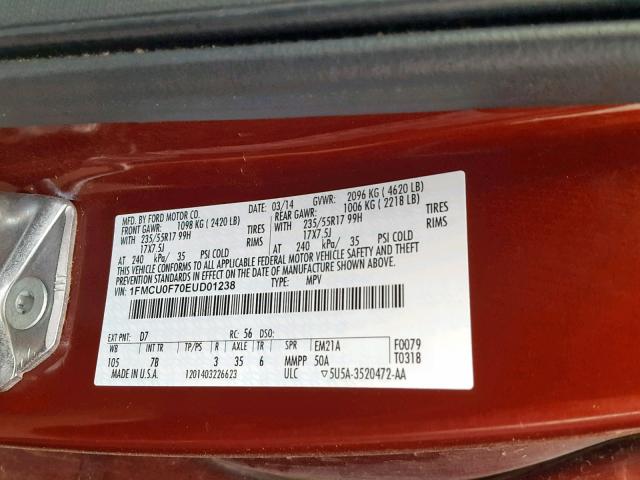 1FMCU0F70EUD01238 - 2014 FORD ESCAPE S RED photo 10