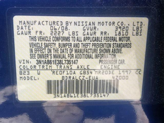 3N1AB61E38L735147 - 2008 NISSAN SENTRA 2.0 BLUE photo 10