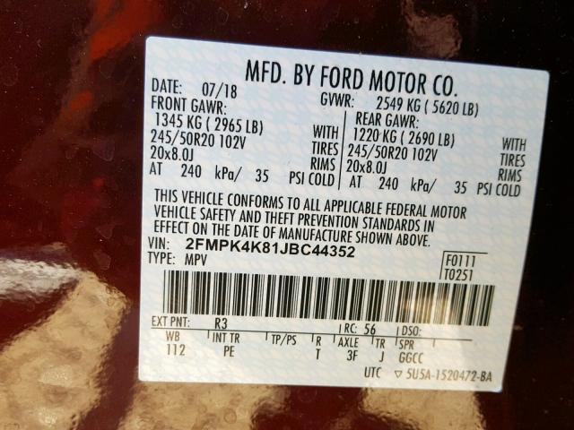 2FMPK4K81JBC44352 - 2018 FORD EDGE TITAN RED photo 10