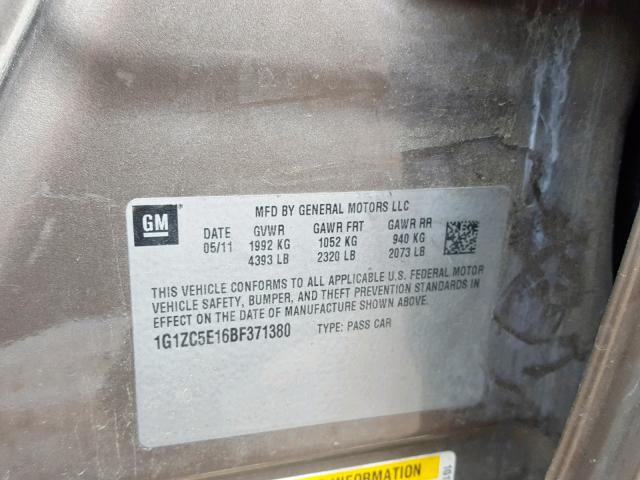 1G1ZC5E16BF371380 - 2011 CHEVROLET MALIBU 1LT GRAY photo 10