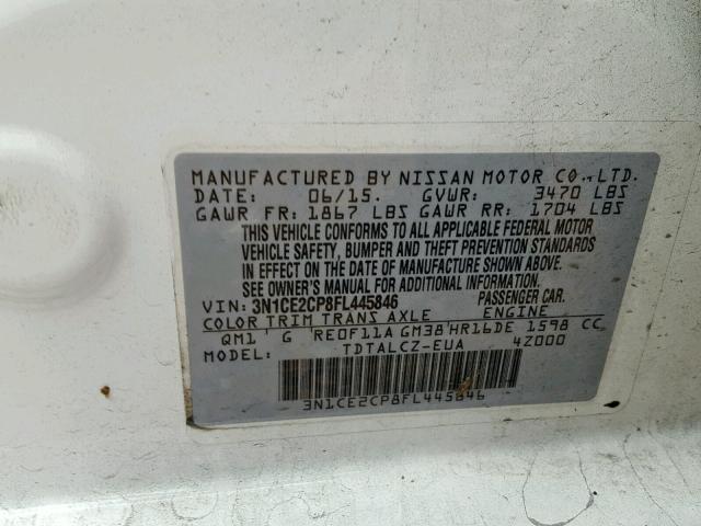 3N1CE2CP8FL445846 - 2015 NISSAN VERSA NOTE WHITE photo 10