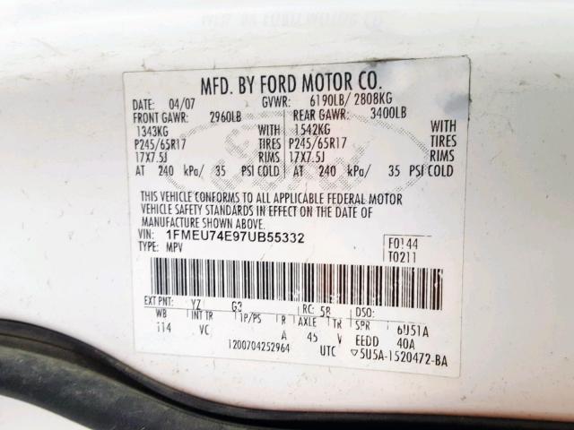 1FMEU74E97UB55332 - 2007 FORD EXPLORER E WHITE photo 10