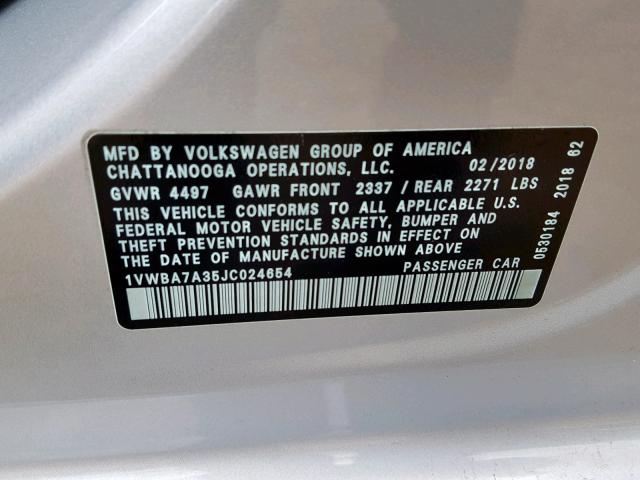 1VWBA7A35JC024654 - 2018 VOLKSWAGEN PASSAT SE SILVER photo 10