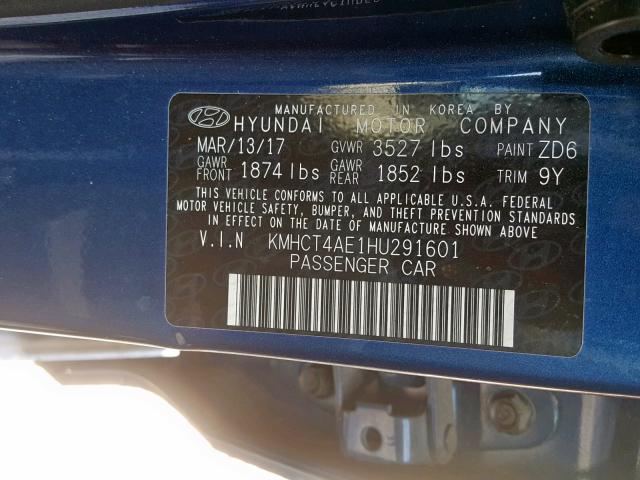 KMHCT4AE1HU291601 - 2017 HYUNDAI ACCENT SE BLUE photo 10