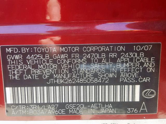 JTHBK262485058472 - 2008 LEXUS IS 250 RED photo 10