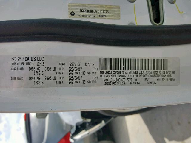 1C4NJDBB3GD617775 - 2016 JEEP COMPASS SP თეთრი ფოტო 10