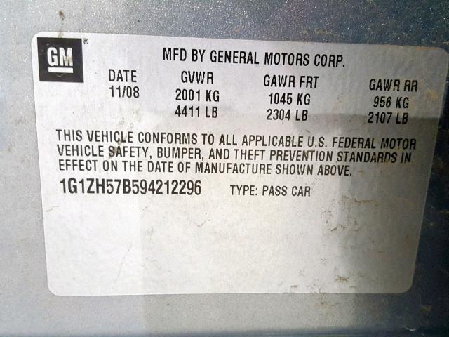 1G1ZH57B594212296 - 2009 CHEVROLET MALIBU 1LT 蓝色 照片 10