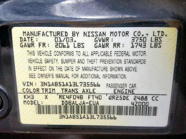 3N1AB51A13L735566 - 2003 NISSAN SENTRA SE- BLACK photo 10