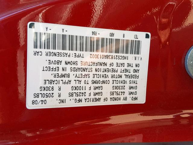 1HGCS21838A013002 - 2008 HONDA ACCORD EXL RED photo 10