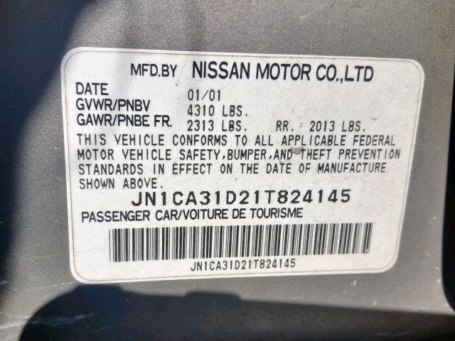 JN1CA31D21T824145 - 2001 NISSAN MAXIMA GXE GRAY photo 10