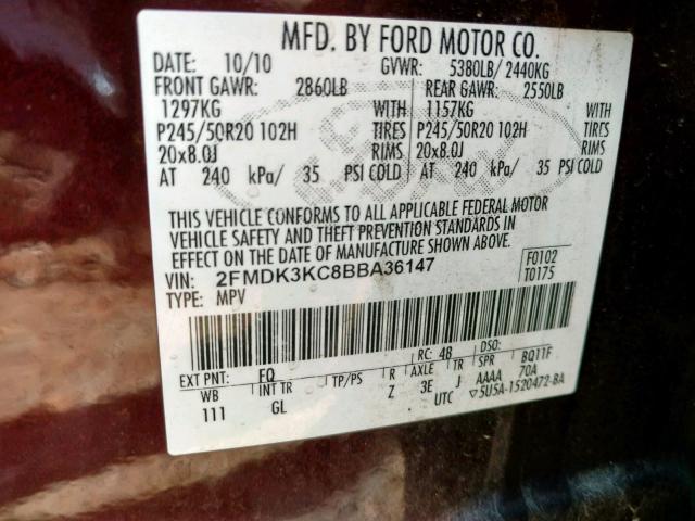 2FMDK3KC8BBA36147 - 2011 FORD EDGE LIMIT BURGUNDY photo 10