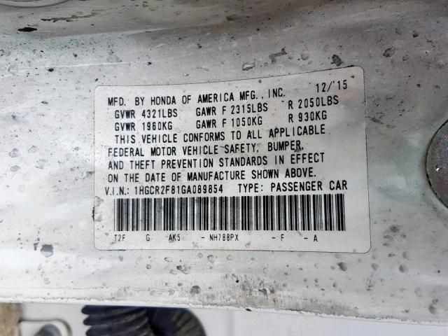 1HGCR2F81GA089854 - 2016 HONDA ACCORD EXL WHITE photo 10