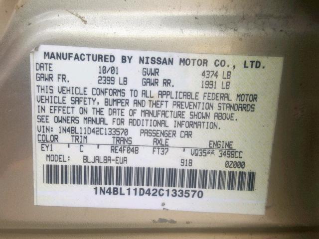 1N4BL11D42C133570 - 2002 NISSAN ALTIMA SE GOLD photo 10