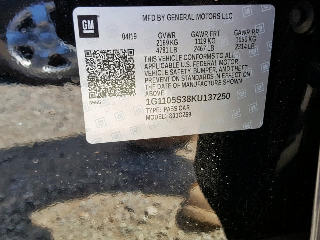 1G1105S38KU137250 - 2019 CHEVROLET IMPALA PRE შავი ფოტო 10