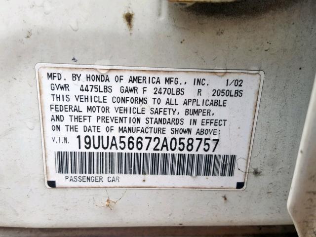 19UUA56672A058757 - 2002 ACURA 3.2TL WHITE photo 10