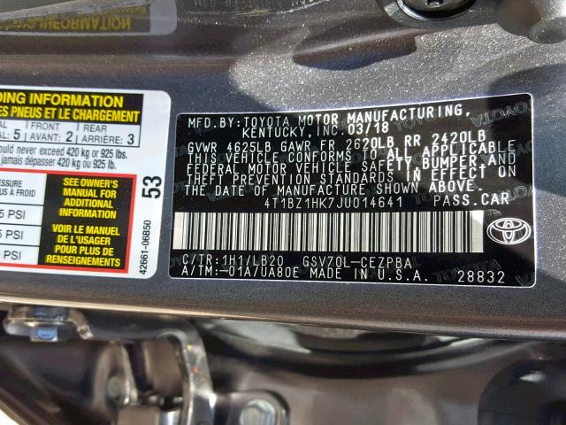 4T1BZ1HK7JU014641 - 2018 TOYOTA CAMRY XSE CHARCOAL photo 10