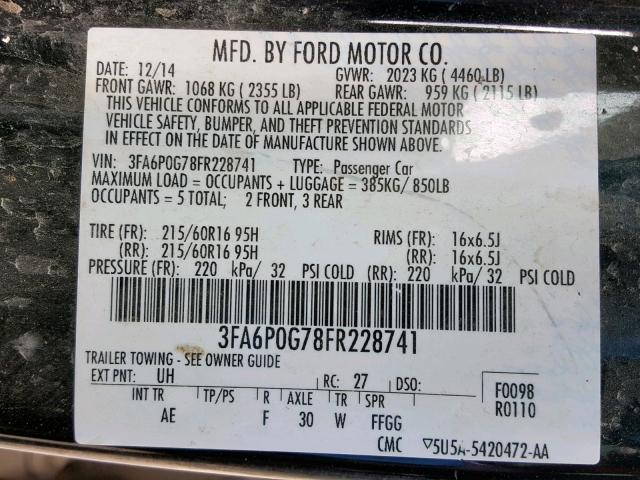 3FA6P0G78FR228741 - 2015 FORD FUSION S BLACK photo 10