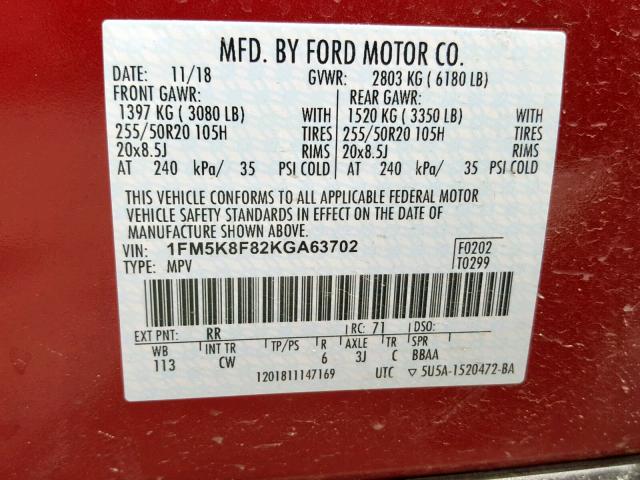 1FM5K8F82KGA63702 - 2019 FORD EXPLORER L RED photo 10