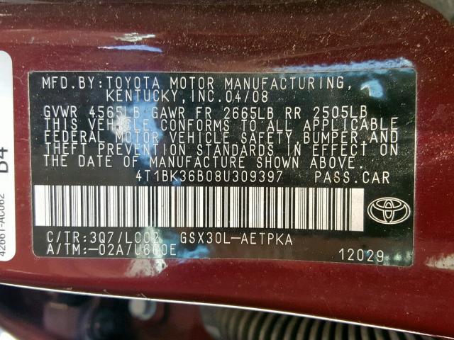 4T1BK36B08U309397 - 2008 TOYOTA AVALON XL MAROON photo 10