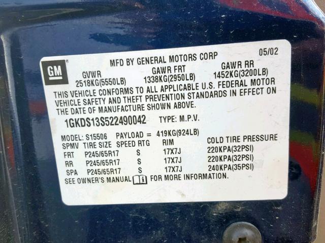 1GKDS13S522490042 - 2002 GMC ENVOY BLUE photo 10