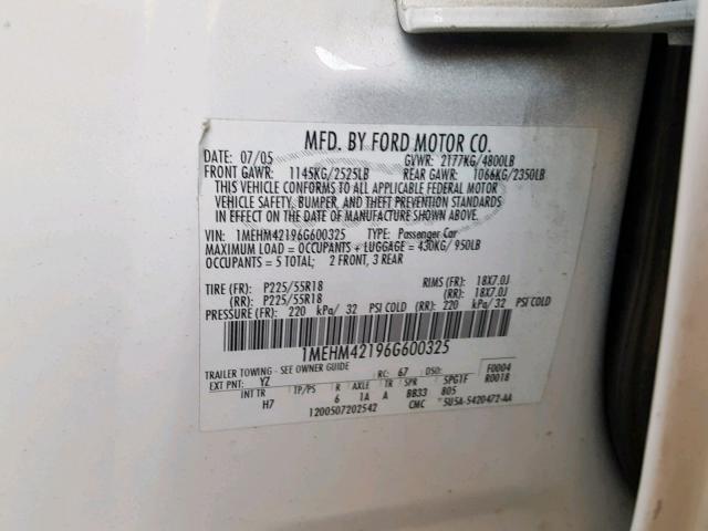 1MEHM42196G600325 - 2006 MERCURY MONTEGO PR 白色 照片 10