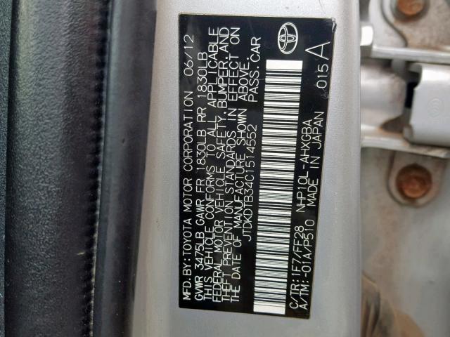 JTDKDTB34C1514552 - 2012 TOYOTA PRIUS C SILVER photo 10