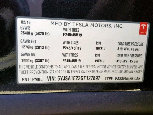5YJSA1E22GF127897 - 2016 TESLA MODEL S أسود صورة 10
