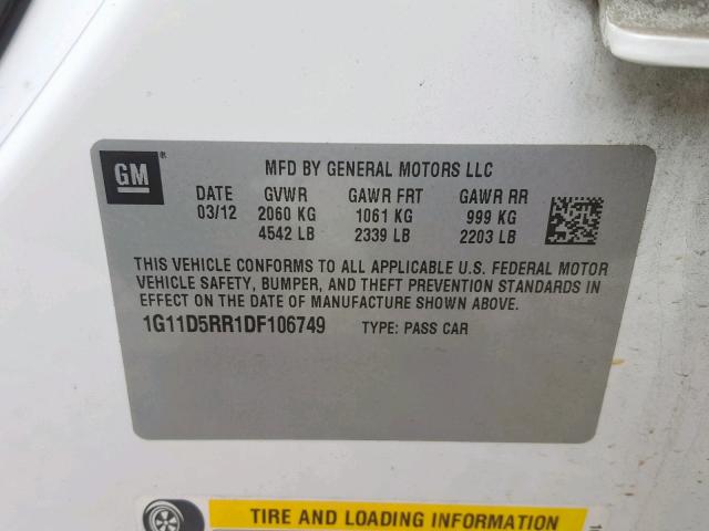 1G11D5RR1DF106749 - 2013 CHEVROLET MALIBU 1LT 白色 照片 10