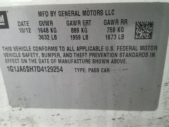 1G1JA6SH7D4129254 - 2013 CHEVROLET SONIC LS 白色 照片 10