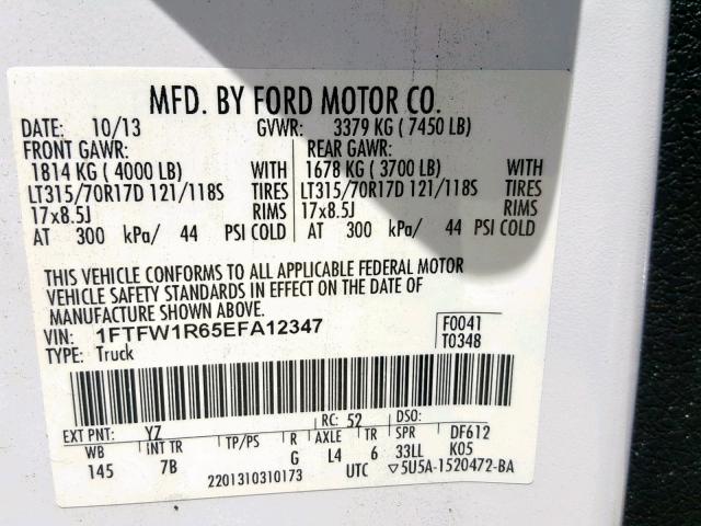 1FTFW1R65EFA12347 - 2014 FORD F150 SVT R WHITE photo 10