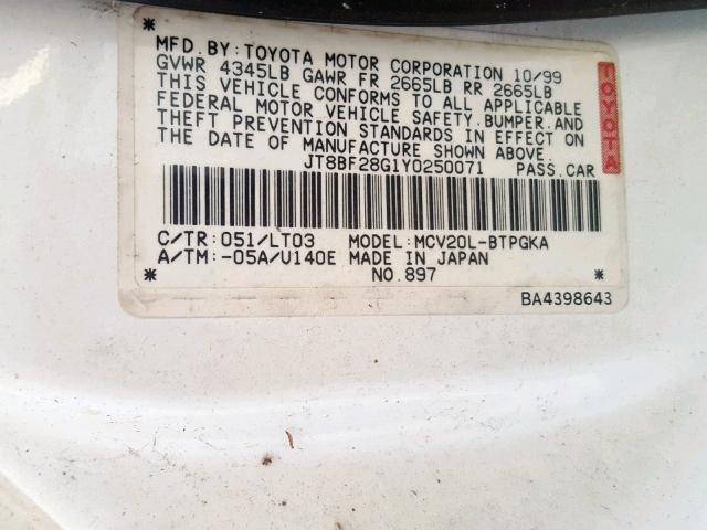 JT8BF28G1Y0250071 - 2000 LEXUS ES 300 WHITE photo 10