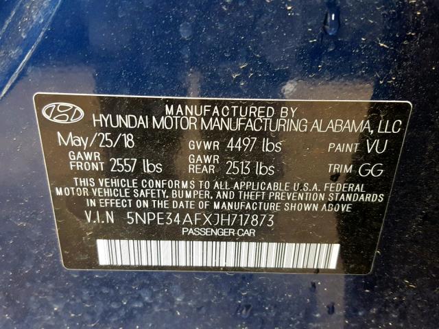 5NPE34AFXJH717873 - 2018 HYUNDAI SONATA SPO BLUE photo 10