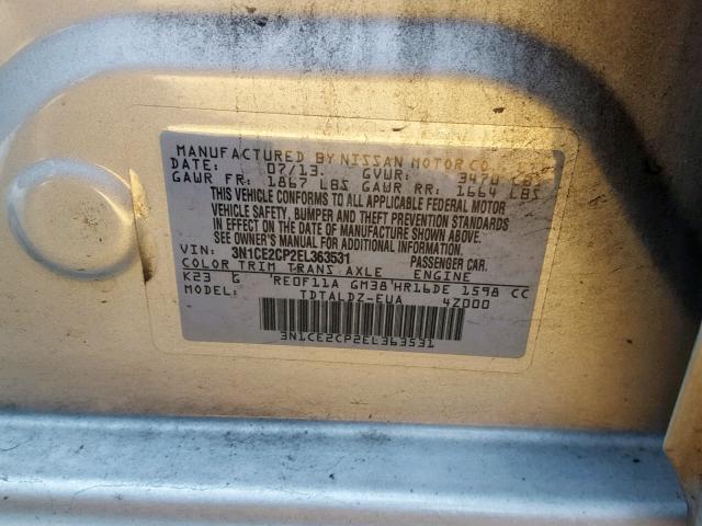 3N1CE2CP2EL363531 - 2014 NISSAN VERSA NOTE SILVER photo 10