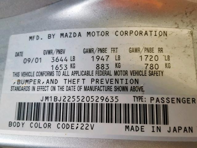 JM1BJ225520529635 - 2002 MAZDA PROTEGE DX SILVER photo 10