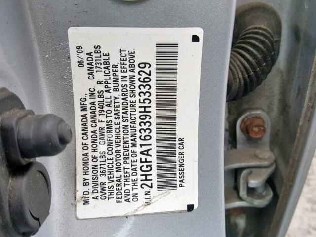 2HGFA16339H533629 - 2009 HONDA CIVIC VP SILVER photo 10